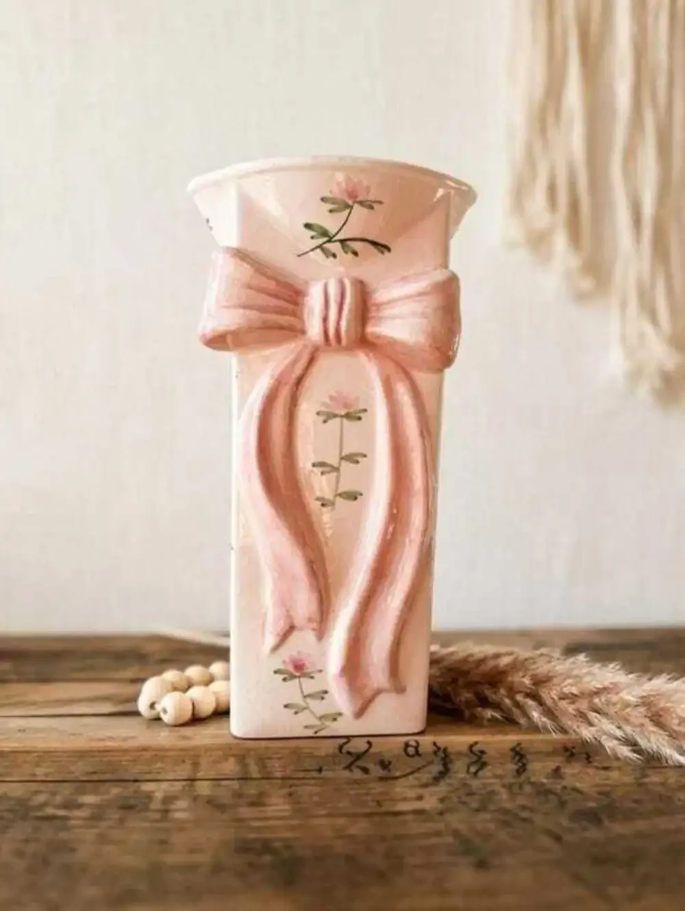 Coastal Granny Decor Rose Motif Vase, Pink Ceramic, Small Mantel Accent